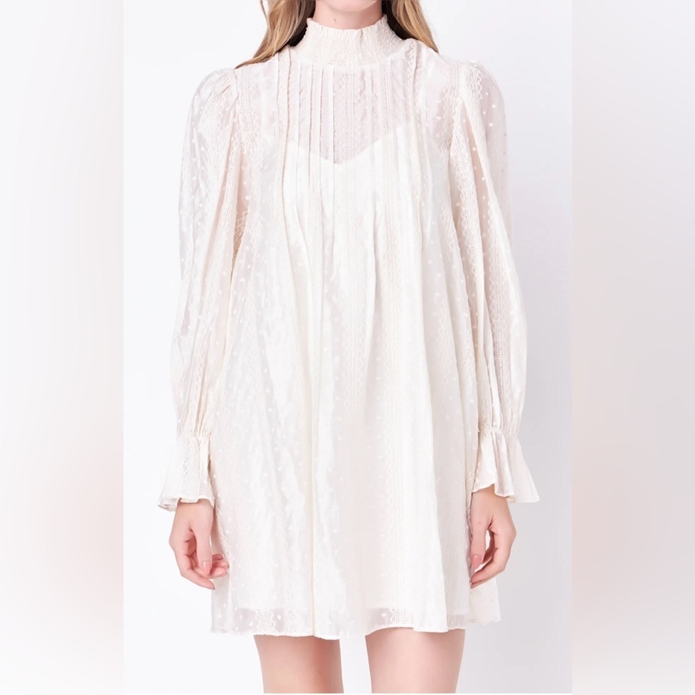 New English Factory Embroidered Organza Smock Neck Dress Ivory